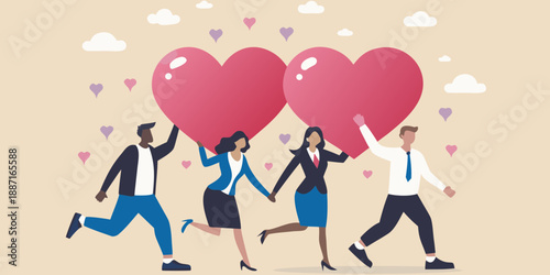 Celebrating love and teamwork people lifting hearts with joy and partnership