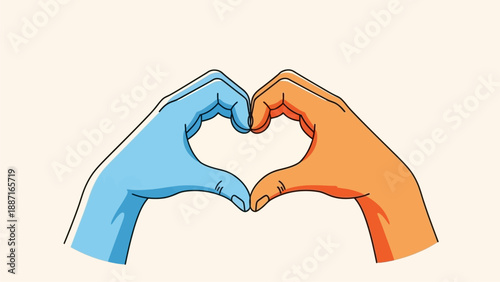 Vibrant blue and orange hands gracefully form a heart shape, symbolizing universal love, unity, and connection. An artistic illustration representing compassion, diversity, and harmony
