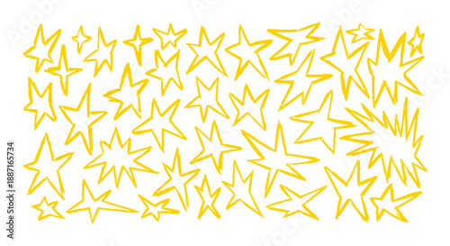 Gold chalk crayon doodle stars set. Shine and sparkle hollow hand drawn collection with children style yellow wax pencil elements. Grunge textured star shapes. Vector illustration.