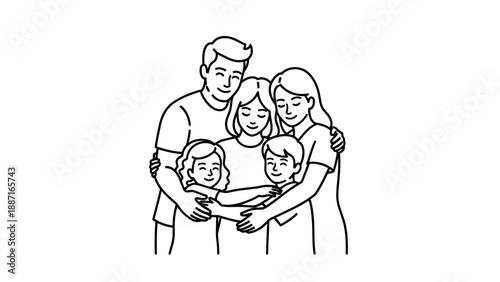 Happy family embracing in a heartwarming line art illustration, symbolizing unity, love, and strong emotional bonds. A depiction of togetherness and support