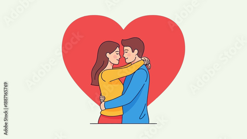 A loving couple embraces in front of a large red heart, symbolizing romance, affection, and deep connection, perfect for Valentine's Day or relationship themes