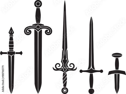 Five Different Stylized Swords with Various and Patterns also transparent background black white