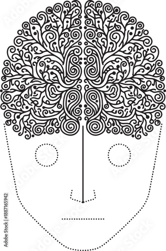 Intricate black and white symmetrical tree with swirling patterns and dotted outlines also transparent background