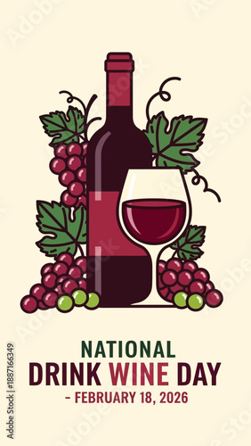National Drink Wine Day illustration with bottle and glass on February 18, 2026