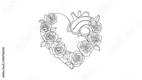 Detailed line art illustration of a human anatomical heart nestled within a decorative heart-shaped frame of blooming roses, symbolizing love, life, and medical aesthetics