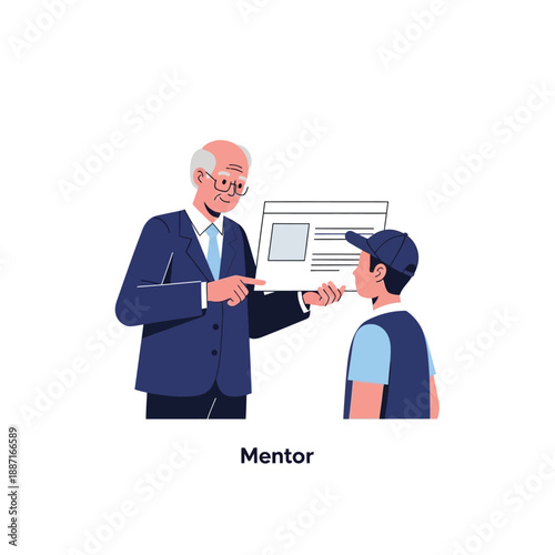 Experienced mentor guiding young adult in a professional setting