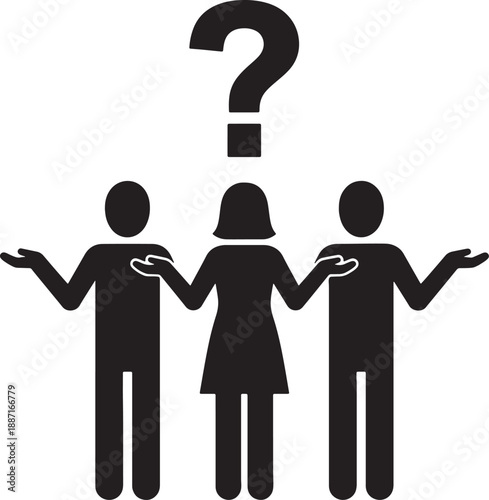 Three black silhouettes of people with a large question mark above them also transparent background