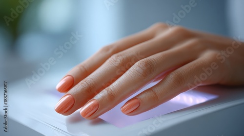 Wallpaper Mural Female hand with pink manicure under uv lamp in nail salon Torontodigital.ca