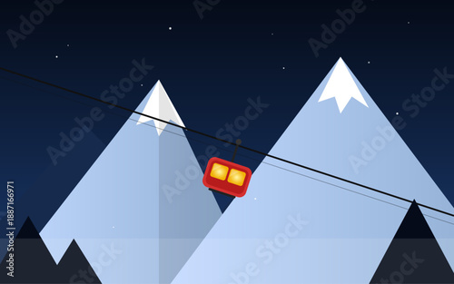 Minimal cable car at night illustration over snowy mountains with glowing gondola, flat vector alpine transport scene, winter travel concept, quiet mountain landscape under starry sky