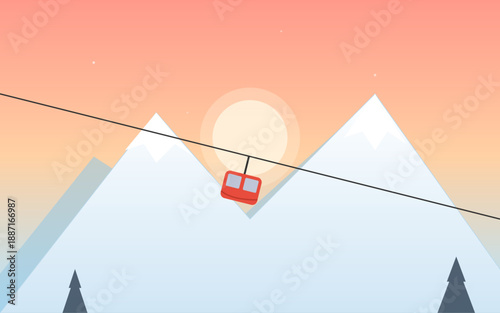 Minimal cable car illustration over snowy mountains at sunrise with warm sky and sun halo, flat vector alpine transport scene, winter travel and tourism concept, peaceful mountain landscape