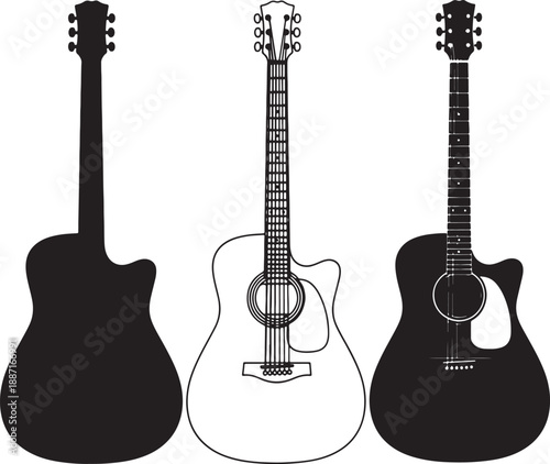 Three Different Types of Guitars in Black and White Line also transparent background musical instrument