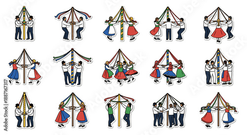 Set of colorful circus tents with performers and decorations