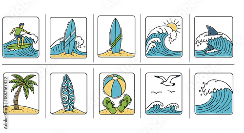 Collection of surfing and ocean waves with surfboards and beach scene