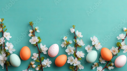 Colorful Easter eggs and blossoming flowers on a pastel blue background, symbolizing spring and renewal.