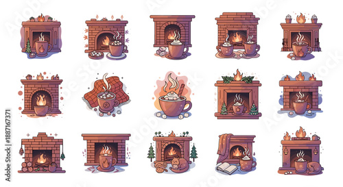 Collection of vintage brick fireplaces with various designs and styles