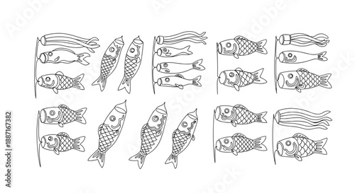 Collection of different fish species illustrated in detailed line art