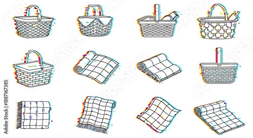 Collection of handdrawn shopping baskets and shopping bags
