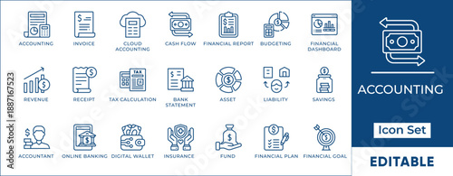 Accounting Fintech Financial Dashboard App UI Line Icon Set Editable Stroke