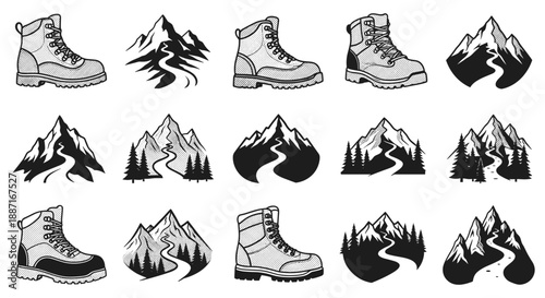 Collection of hiking boots and mountain landscape illustrations