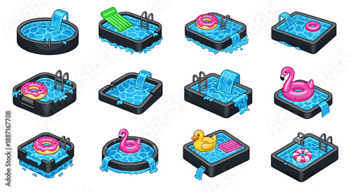 Collection of colorful inflatable pool toys and floating accessories