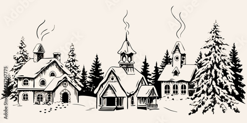 Charming winter village sketch with snow covered houses and evergreen trees