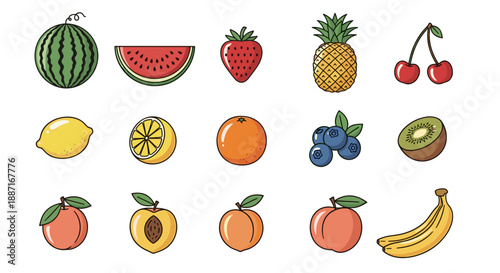 Collection of fresh fruits including watermelon strawberry pineapple