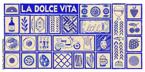 A blue and cream tiled wall featuring italian motifs and la dolce vita