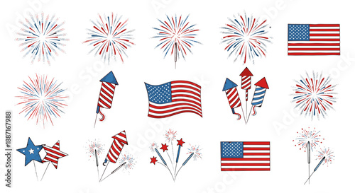 Celebration of independence day with fireworks and american flags