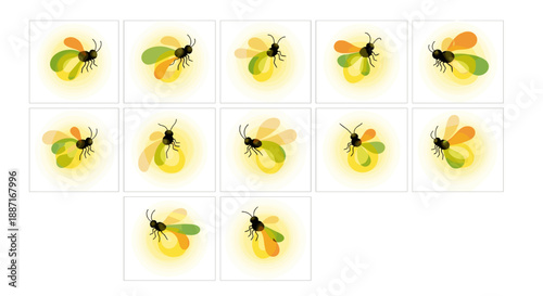 Collection of yellow and black bee illustrations with wings and antennae
