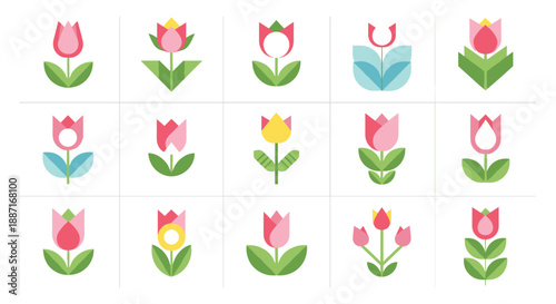 Collection of colorful tulip illustrations with various styles and colors
