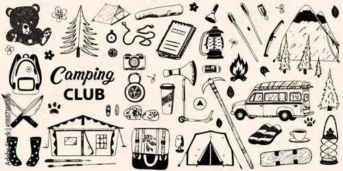 A whimsical hand drawn collection of camping and outdoor adventure elements