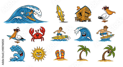 Collection of colorful cartoon animals and beach scene icons