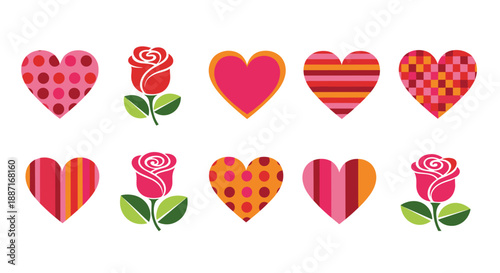 Collection of colorful hearts and roses symbolizing love and affection