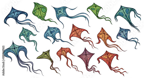 Collection of colorful abstract fish illustrations in various shapes