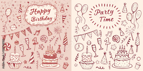 Hand drawn birthday celebration doodles with balloons cake and festive elements