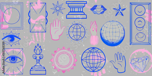 A collection of mystical symbols and hands in blue and pink hues