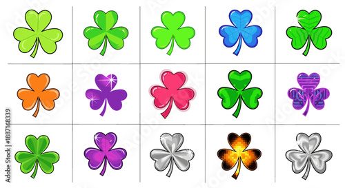Collection of colorful fourleaf clovers in various colors and styles