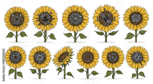 Collection of sunflower illustrations with detailed petals and leaves