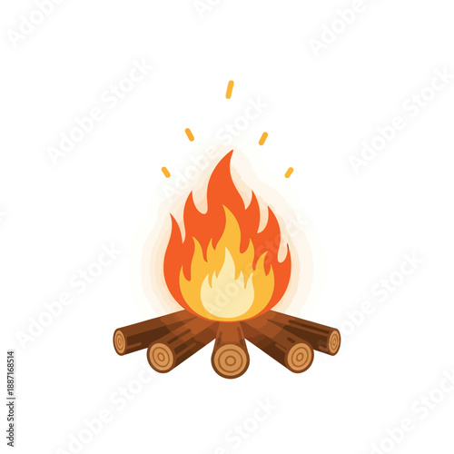 Illustration of a campfire burning brightly with logs outdoors at dusk from a close-up viewpoint