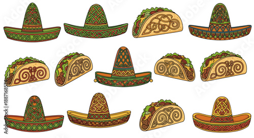 Collection of traditional mexican sombreros and rolled tacos