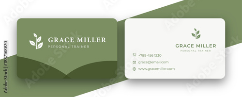 Modern green business card template with organic leaf logo, minimalist flat design, clean corporate identity – Vector