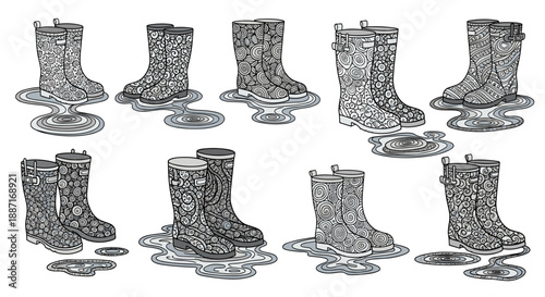 Collection of vintage rubber boots in various styles and sizes
