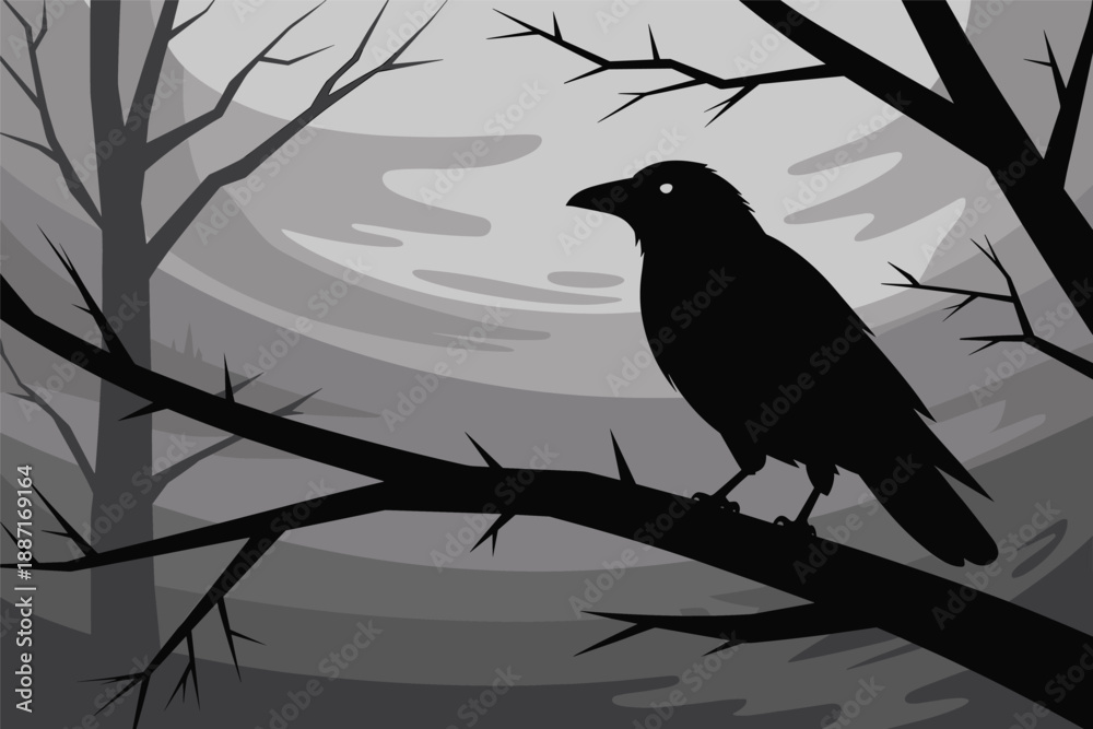 Obraz premium Mysterious Crow on a Bare Branch in a Misty Forest, dark wildlife concept