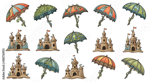 Collection of colorful umbrellas and sandcastles