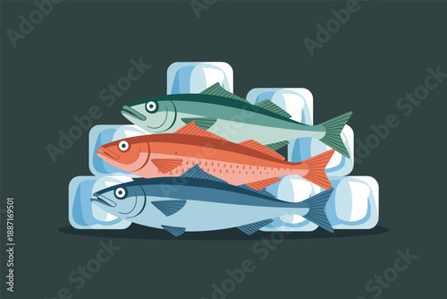 Fresh Fish Assortment on Ice Cubes, seafood market concept