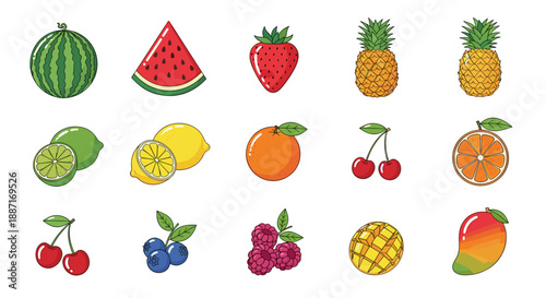 Collection of fresh fruits including watermelon strawberry pineapple