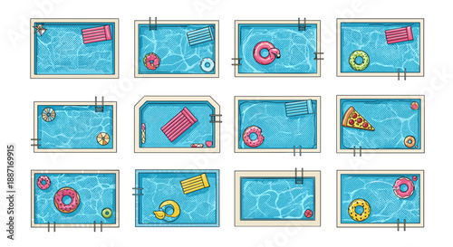 Collection of colorful pool floats and inflatables blue water