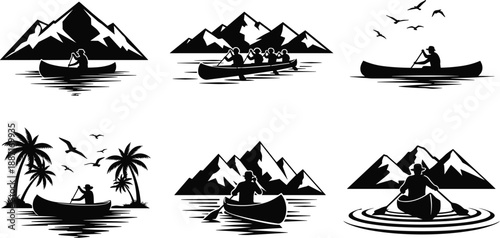 Canoe kayaking adventure silhouettes set on lake with mountains palm trees and birds isolated on white background vector illustration