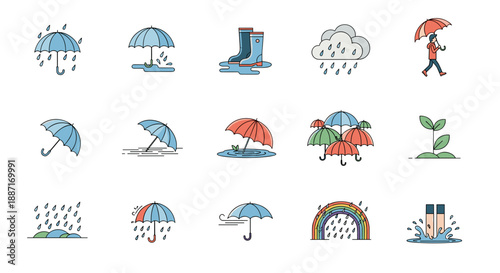 Collection of various weather icons including rain umbrella and cloud