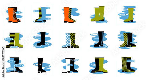 Collection of colorful cartoon boots in various styles and colors